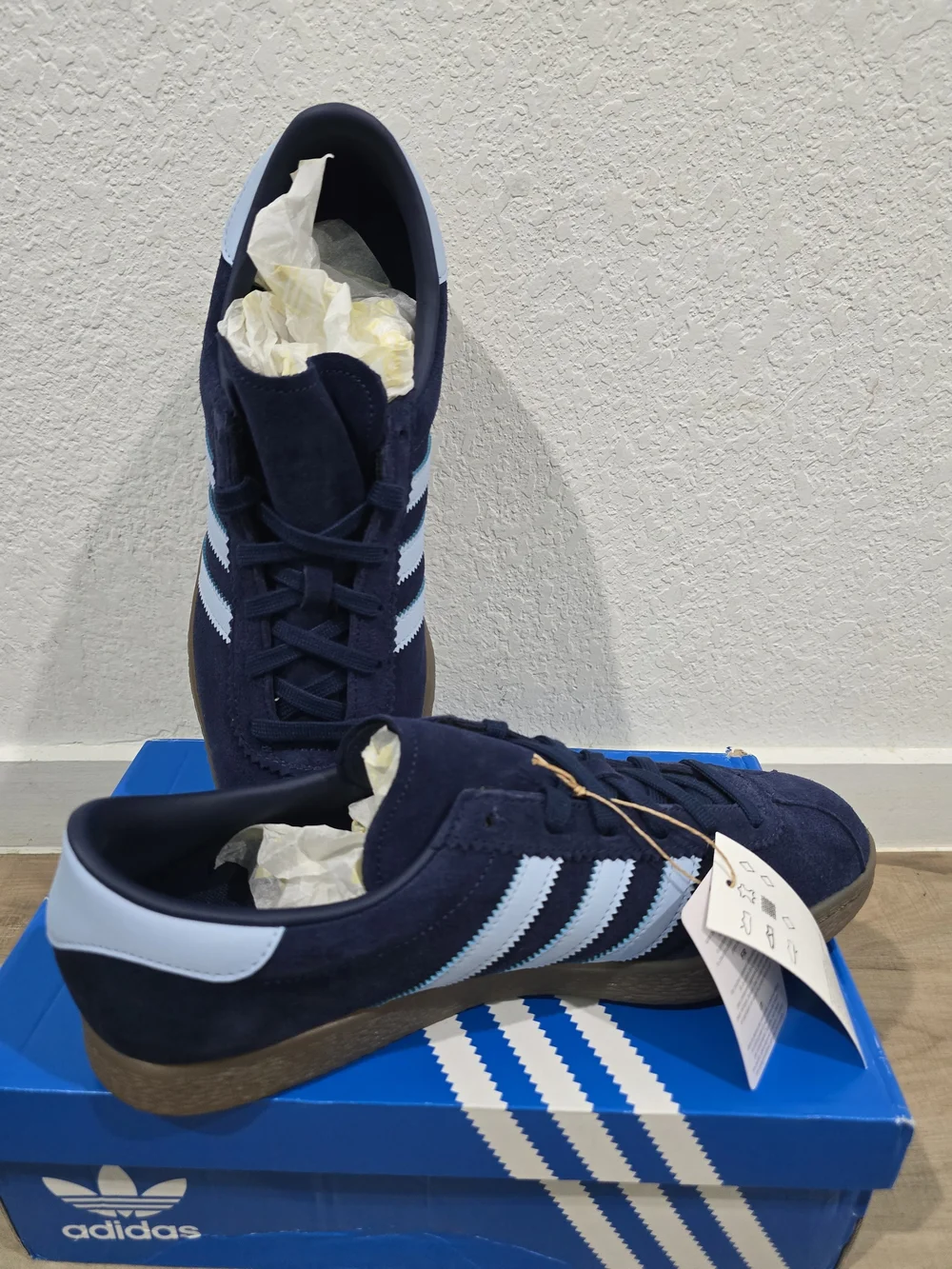 adidas Men’s Gazelle Suede Sneakers in Navy with Light Blue Stripes